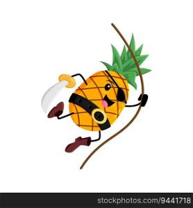 Cartoon pineapple fruit pirate and corsair character. Vector tropical plant sailor attack with saber hanging on rope. Isolated smiling buccaneer, freebooter, picaroon kids book or game personage. Cartoon pineapple fruit pirate corsair character