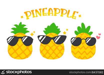 Cartoon pineapple wearing sunglasses in summer Isolated on white background