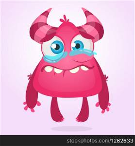 Cartoon pink adorable tiny monster character mascot crying with tear. Vector illustration for Halloween