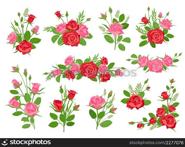 Cartoon pink and red rose floral bouquets with leaves and grass. Vintage romantic bouquet with flowers and buds. Roses decoration vector set of summer floral, flower blossom illustration. Cartoon pink and red rose floral bouquets with leaves and grass. Vintage romantic bouquet with flowers and buds. Roses decoration vector set