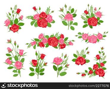 Cartoon pink and red rose floral bouquets with leaves and grass. Vintage romantic bouquet with flowers and buds. Roses decoration vector set of summer floral, flower blossom illustration. Cartoon pink and red rose floral bouquets with leaves and grass. Vintage romantic bouquet with flowers and buds. Roses decoration vector set