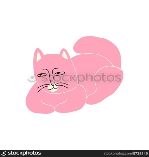 Cartoon pink cat with lovely face. Hand Drawn cartoon comic illustration. Comic pink cat with lovely face. Hand Drawn cartoon comic illustration