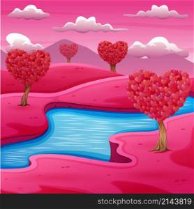 Cartoon pink field landscape with a river