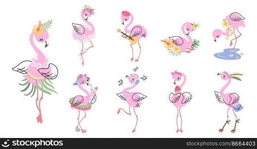 Cartoon pink flamingo. Isolated flamingos birdie, summer clipart with exotic tropical birds. Cute zoo animal print, funny nowaday vector wild characters flamingo set pink, cartoon illustration. Cartoon pink flamingo. Isolated flamingos birdie, summer clipart with exotic tropical birds. Cute zoo animal print, funny nowaday vector wild characters