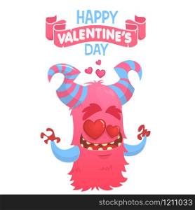 Cartoon pink horned monster in love. Saint Valentine monster. Vector illustration of loving monster and hearts. Invitation card for party