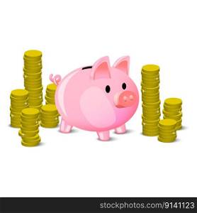 Cartoon pink piggy bank coins. 3d money coin. Business concept. Vector illustration. EPS 10.. Cartoon pink piggy bank coins. 3d money coin. Business concept. Vector illustration.