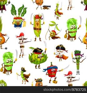 Cartoon pirate and corsair vegetables seamless pattern. Textile vector print with kohlrabi, corn, and olive, salad, pea and onion, radish, pepper, asparagus and romanesco pirate personage. Cartoon pirate vegetables seamless pattern