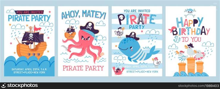 Cartoon pirate birthday party invitation cards for kids. Happy sea adventure posters with pirate ship, octopus, seagull and whale vector set. Baby holiday celebration with underwater characters. Cartoon pirate birthday party invitation cards for kids. Happy sea adventure posters with pirate ship, octopus, seagull and whale vector set