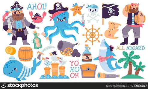 Cartoon pirate captain and sailor, skull, treasure chest and map. Adventure island, shark, octopus, flag and rum. Kids pirates vector set. Characters with barrels, parrot and saber. Cartoon pirate captain and sailor, skull, treasure chest and map. Adventure island, shark, octopus, flag and rum. Kids pirates vector set