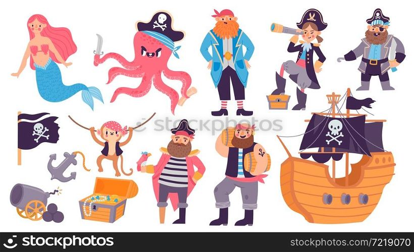 Cartoon pirate ship, treasure, character, animals and mermaid. Kid sea adventure elements, cannon, parrot, chest, anchor and flag vector set. Man with spyglass, cheerful monkey in bandana. Cartoon pirate ship, treasure, character, animals and mermaid. Kid sea adventure elements, cannon, parrot, chest, anchor and flag vector set