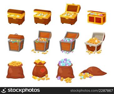 Cartoon pirate treasure chests, bags with gold and jewels. Open wooden chest with ancient treasures, bag with golden coins and gems vector set. Illustration of chest with treasure money. Cartoon pirate treasure chests, bags with gold and jewels. Open wooden chest with ancient treasures, bag with golden coins and gems vector set