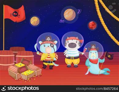 Cartoon pirates animals on deck of ship flat vector illustration. Seal and cats standing with knife and blackjack next to treasure. Starry night sky, planets in background. Robbers, gold concept.