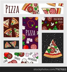 Cartoon pizza banners template. Fast food label, banner, flyer design. Pizza flyer for restaurant illustration, template of fast food. Cartoon pizza banners template. Fast food label, banner, flyer design