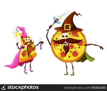 Cartoon pizza wizard characters. Funny full and piece salami pizza sorcerer personage, vector happy smiling fast food meal mage character wearing hat and cloak, holding magic wand and potion. Cartoon pizza with salami wizard funny characters