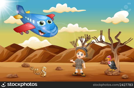 Cartoon plane and a boy in the desert