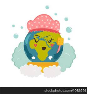 Cartoon Planet taking shower. Environmental protection concept. Bright poster with Cartoon Planet taking shower.