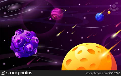 Cartoon planets in space. Planet in cosmos, starry universe background. Galaxy science landscape for digital game world, garish vector illustration. Galaxy cartoon and cosmos with planets. Cartoon planets in space. Planet in cosmos, starry universe background. Galaxy science landscape for digital game world, garish vector illustration