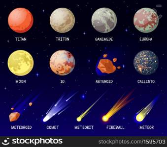 Cartoon planets. Solar system planets, galaxy cosmic space celestial bodies, planets satellites, moon, comet and meteorite vector illustration set. Outer space elements exploration. Cartoon planets. Solar system planets, galaxy cosmic space celestial bodies, planets satellites, moon, comet and meteorite vector illustration set