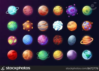 Cartoon planets. Space game objects, colorful planets for science fiction game. Vector astronomy set stickers illustrations coloured planets. Cartoon planets. Space game objects, colorful planets for science fiction game. Vector astronomy set