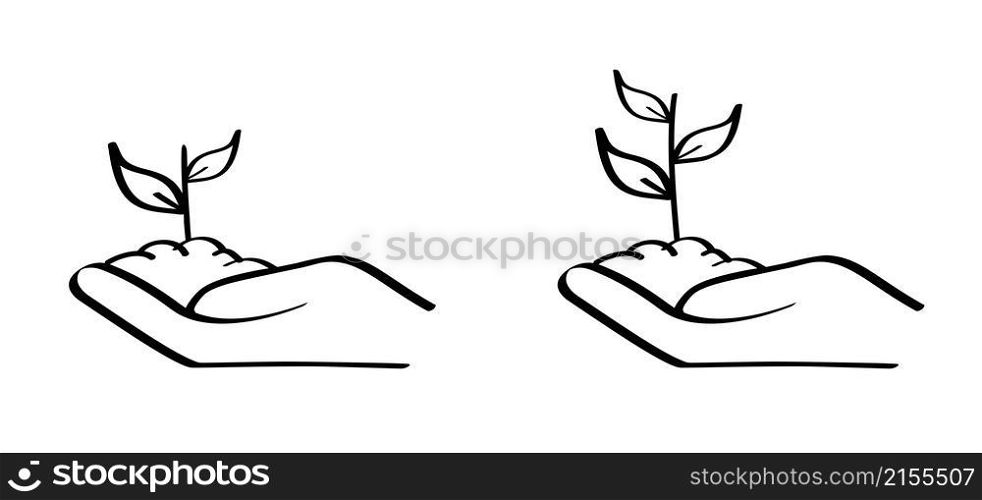 Cartoon plant in caring hand. Sprout in open hand, care nature concept. Vector symbol, hand holding seedling in soil. Eco, young sprout with three leaves.