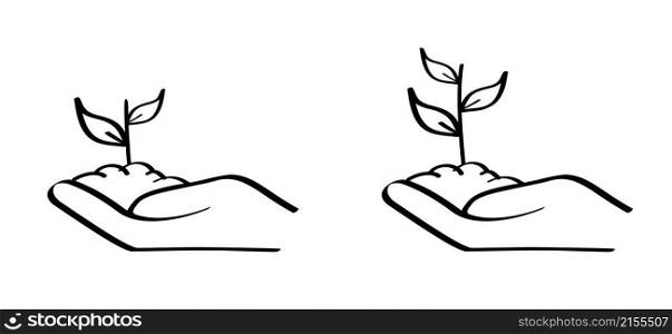 Cartoon plant in caring hand. Sprout in open hand, care nature concept. Vector symbol, hand holding seedling in soil. Eco, young sprout with three leaves.