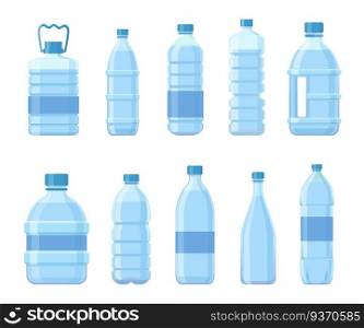 Cartoon plastic bottles with water. Drinks packages, PET containers for beverage, juice or soda. Blue packaging for mineral water vector set. Illustration container water or bottle plastic with liquid. Cartoon plastic bottles with water. Drinks packages, PET containers for beverage, juice or soda. Blue packaging for mineral water vector set