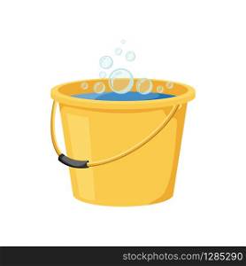 Cartoon plastic yellow bucket with water, house cleaning. Vector illustration