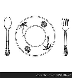 cartoon plate, fork and spoon