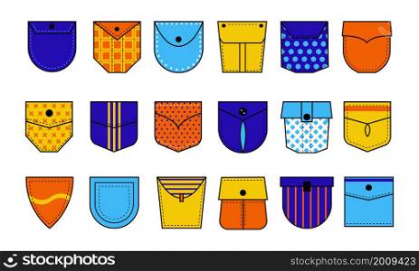 Cartoon pockets. Doodle denim or cotton pouches for shirts and pants. Cozy patches with seams and buttons for casual garment. Colorful stitched cloth pieces. Vector decorative tailors elements set. Cartoon pockets. Doodle denim or cotton pouches for shirts and pants. Patches with seams and buttons for casual garment. Stitched cloth pieces. Vector decorative tailors elements set