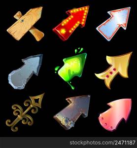 Cartoon pointer set of different materials shapes and structure for game design on dark background isolated vector illustration. Cartoon Pointer Set