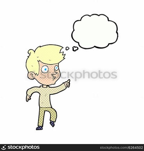 cartoon pointing boy with thought bubble