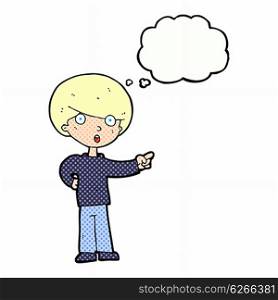 cartoon pointing boy with thought bubble
