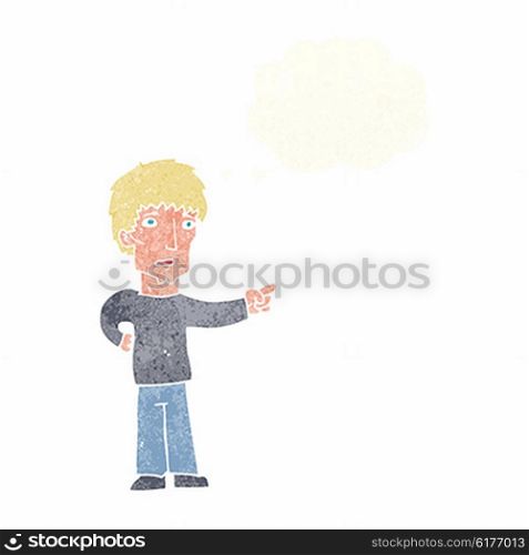 cartoon pointing man with thought bubble