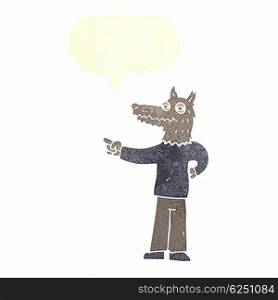 cartoon pointing wolf man with speech bubble