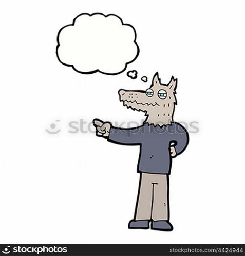cartoon pointing wolf man with thought bubble