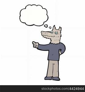 cartoon pointing wolf man with thought bubble