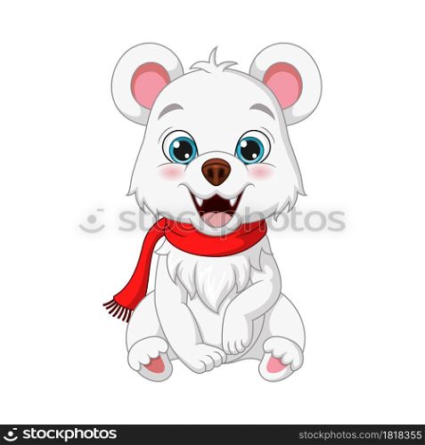 Cartoon polar bear in scarf sitting