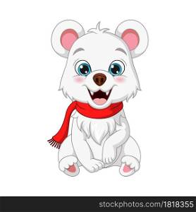 Cartoon polar bear in scarf sitting