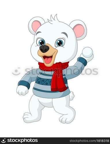 Cartoon polar bear in winter clothes throwing snowball