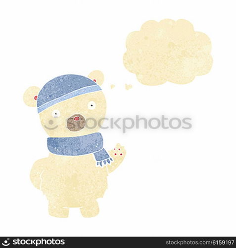 cartoon polar bear in winter hat and scarf with thought bubble