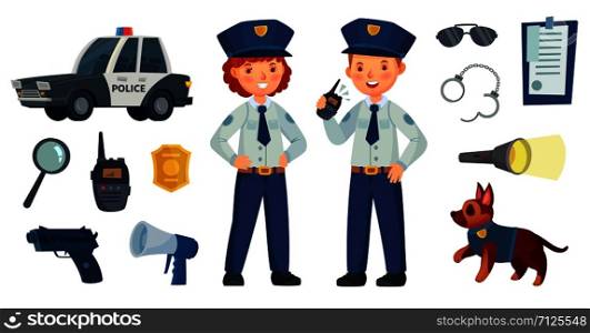 Cartoon police kids. Little boy and girl in patrol suits, police car and dog. Gun, radio and police badge, child character play security or policeman job. Vector isolated illustration icons set. Cartoon police kids. Little boy and girl in patrol suits, police car and dog. Gun, radio and police badge vector illustration set