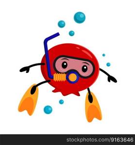 Cartoon pomegranate fruit character diving in sea under water with scuba dive or snorkeling equipment. Vector positive vitamin garnet in fins, mask and tube. Isolated personage having fun at depth. Cartoon pomegranate fruit character diving in sea