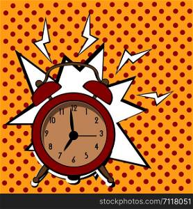 Cartoon pop art alarm clock. Comic retro hand drawn illustration - The alarm clock is ringing to wake up in the morning. Vector isolated on yellow halftone background.