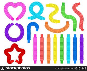Cartoon pop tubes, trendy fidget plastic toys for kids. Antistress colorful pop pipes for flexible shapes. Children sensory toy vector set. Bright popular toys of different shape as heart and star. Cartoon pop tubes, trendy fidget plastic toys for kids. Antistress colorful pop pipes for flexible shapes. Children sensory toy vector set