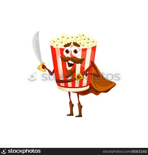 Cartoon popcorn bucket pirate character. Happy vector smiling pop corn corsair in carnival costume. Fast food buccaneer personage wear cape holding saber. Isolated freebooter or picaroon captain snack. Cartoon popcorn bucket pirate or corsair character