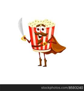 Cartoon popcorn bucket pirate character. Happy vector smiling pop corn corsair in carnival costume. Fast food buccaneer personage wear cape holding saber. Isolated freebooter or picaroon captain snack. Cartoon popcorn bucket pirate or corsair character