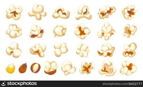 Cartoon popcorn shapes. Film and TV snacks of popping corn, cinema fun food of various shapes. Vector isolated set of popcorn delicious food illustration. Cartoon popcorn shapes. Film and TV snacks of popping corn, cinema fun food of various shapes. Vector isolated set