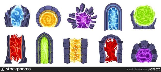 Cartoon portals. Fantasy game gate to another dimensions, magic teleport and stone arches between worlds isolated vector illustration set. Archways of different shapes and colors flat. Cartoon portals. Fantasy game gate to another dimensions, magic teleport and stone arches between worlds isolated vector illustration set