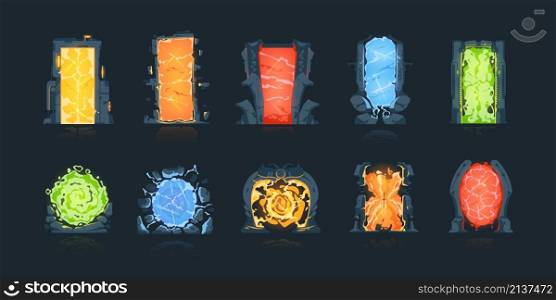 Cartoon portals. Magic fantasy game teleports. Circle and square abstract teleportation doors. Stone archway or doorway with colorful lighting auras. Vector gates set for transition between dimensions. Cartoon portals. Magic fantasy game teleports. Circle and square teleportation doors. Archway or doorway with colorful lighting auras. Vector gates set for transition between dimensions