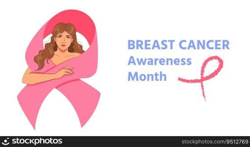 Cartoon portrait of a beautiful serious young woman with loose wavy brown hair, dark blue eyes, hand on chest, in pink scarf, ribbon symbol. Page, leaflet, poster for Breast Cancer Awareness Month. Woman in pink scarf breast cancer symbol